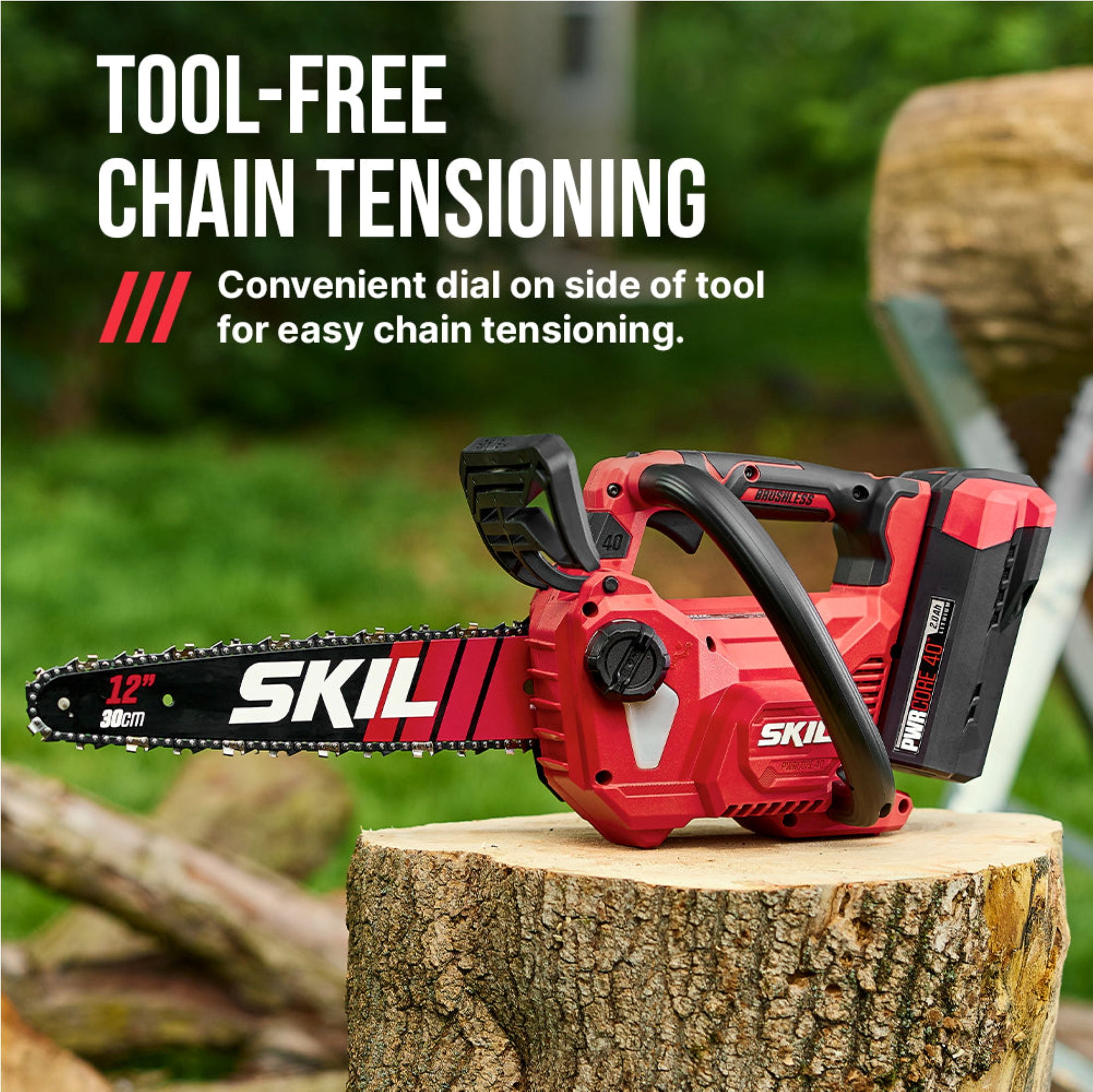 SKIL PWR CORE Brushless 40V 12-inch Chain Saw , Tool-Less Chain Tensioning, 2.0Ah Battery and Charger, TH1200C-11