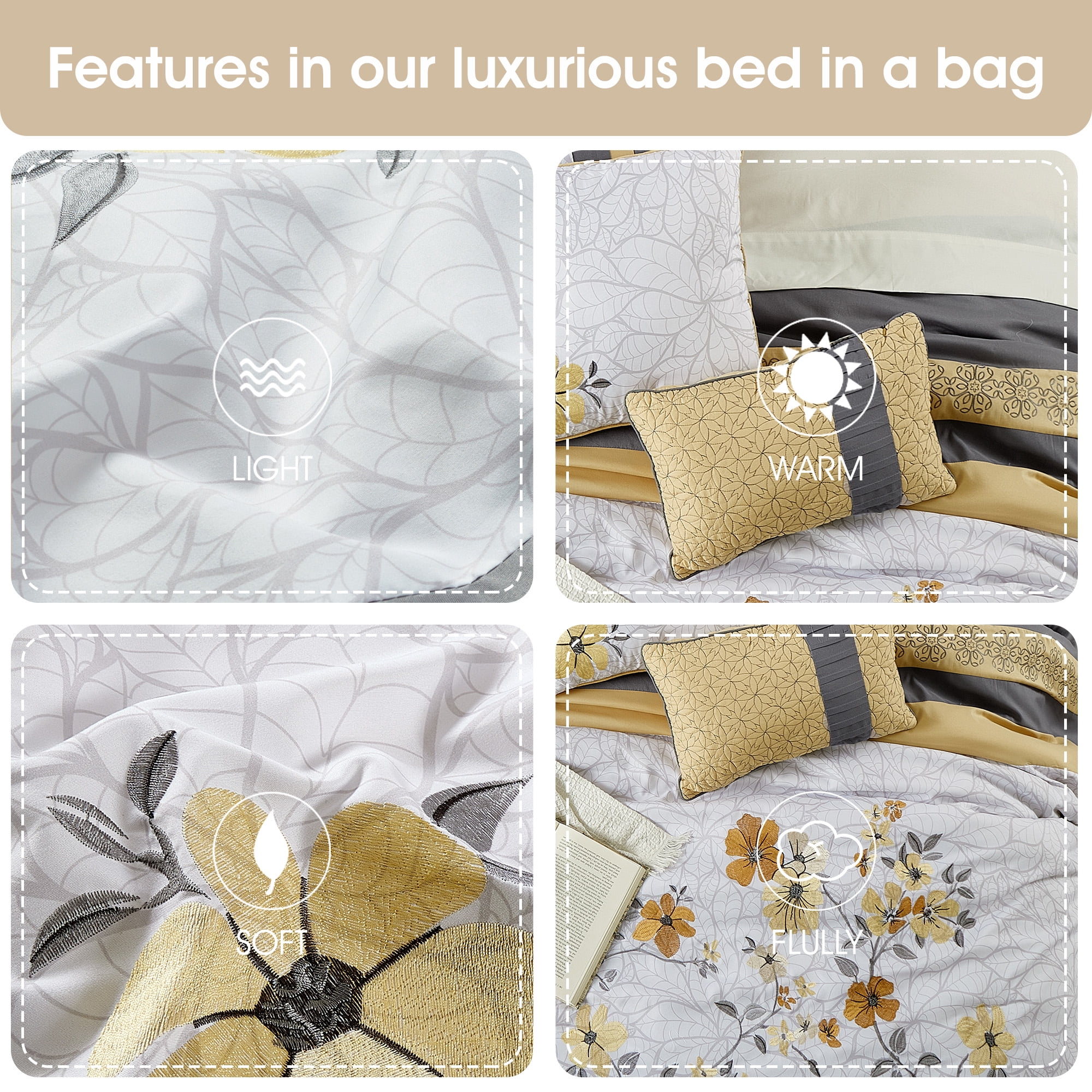 Lanco Tulip Floral Bed in a Bag 12-Piece Bedding Comforter Set, Yellow Gray, Bed Size King, 100% Polyester Fill