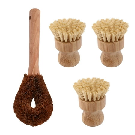 

4 Pcs Bamboo Dish Scrub Brush Set 3 Round Dish Brushes and 1 Long Handle Pot Brush for Pan Dish Utensils Bowl Cleaning