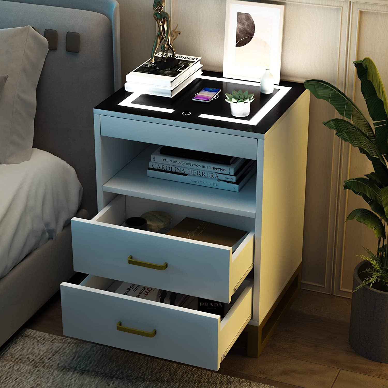 Nightstand with Wireless Charging Station and LED Lights, Modern