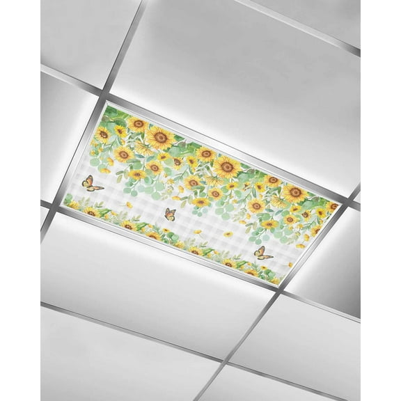 Fluorescent Light Covers for Ceiling Lights 1 Pack,Sunflower Magnetic Ceiling Light Covers 2x4ft for Classroom Office,Butterfly Summer Botanical Eucalyptus Leaves Grey Plaid Drop Ceiling Light Shade