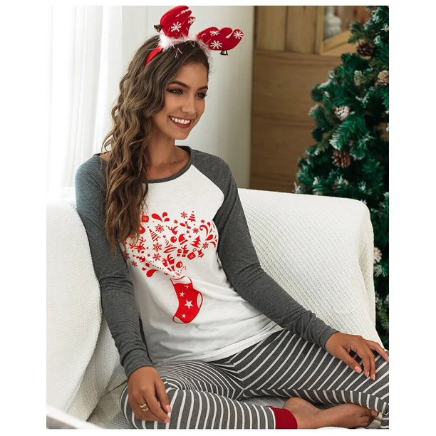 Traje de dos piezas informal para mujer, Camiseta con estampado de Feliz Navidad, Tops de manga larga, conjunto de pijama holgado para el hogar, chándales, traje de moda