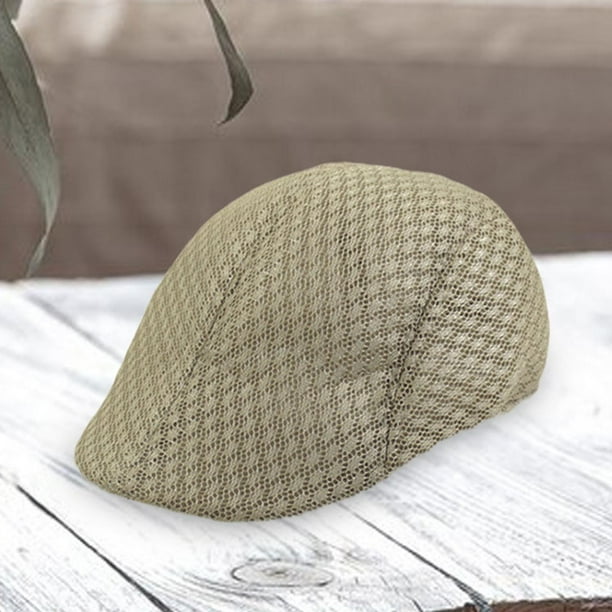 Gorra plana de malla para hombre, sombrero de verano transpirable para viajes de mediana edad y ancianos Caqui oscuro
