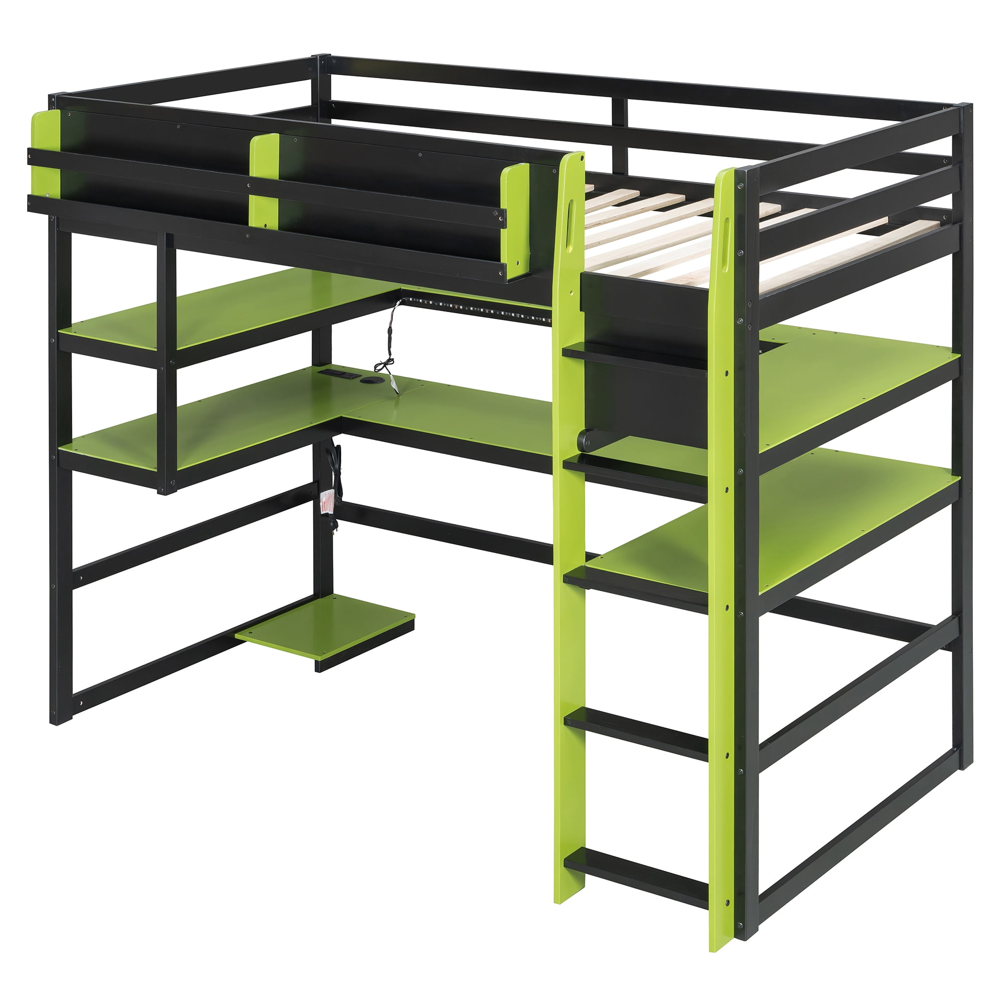 Mintazer Twin Size Gaming Loft Bed with U-Shaped Desk & LED Lights, Modern Bed Frame with Shelves & Charging Station for Dorm Bedroom Apartment, Black & Green