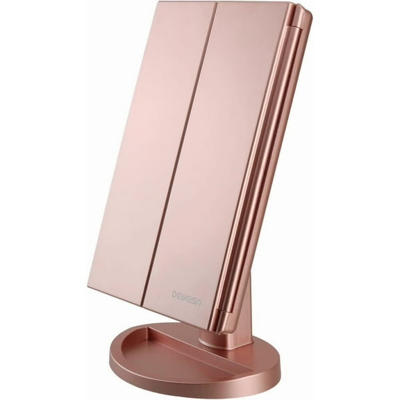 Dresser Mount Tri-Fold Lighted Vanity Mirror with 21 LED Lights, Touch Screen and 3X/2X/1X Magnification, Two Power Supply Modes Make Up Mirror,Travel Mirror