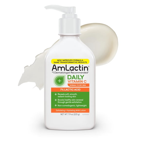 AmLactin Lotion Quotidienne à la Vitamine C – Lotion Corporelle Éclaircissante pour Peau Sèche - Exfoliant et Hydratant Sans Frottage avec 7 % d'Acide Lactique AHA et de Vitamine C, 7,9 oz (Emballage Ma