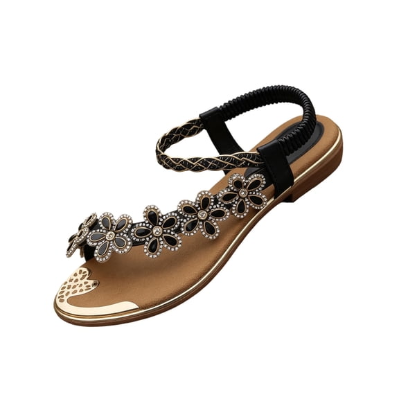 Summer Sandals for Women 2026 Trendy Bohemian Beaded Rhinestone Ankle Strap Dressy Wedding Shoes Comfort Beach Flat Sandals, 40