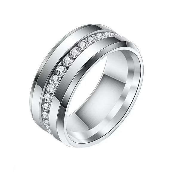 PAMTIER Men's Stainless Steel 8MM Simple High Polished Single Row Cubic Zirconia Wedding Band Ring Silver Size 8