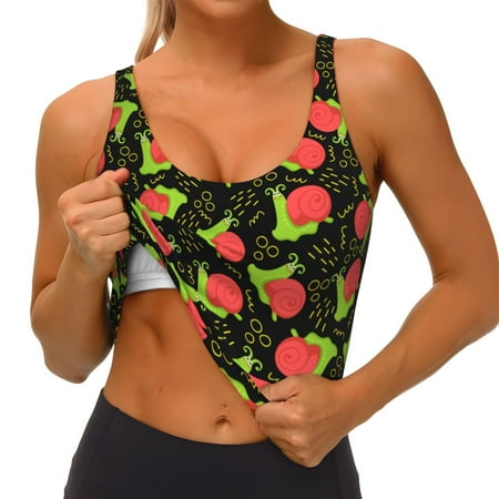 Qokaie Cartoon Snail Pattern Womens Scoop Neck Sports Bra Breathable Workout Vest Padded U Back Medium Impact Fitness Gym Yoga Bra Workout Crop Top