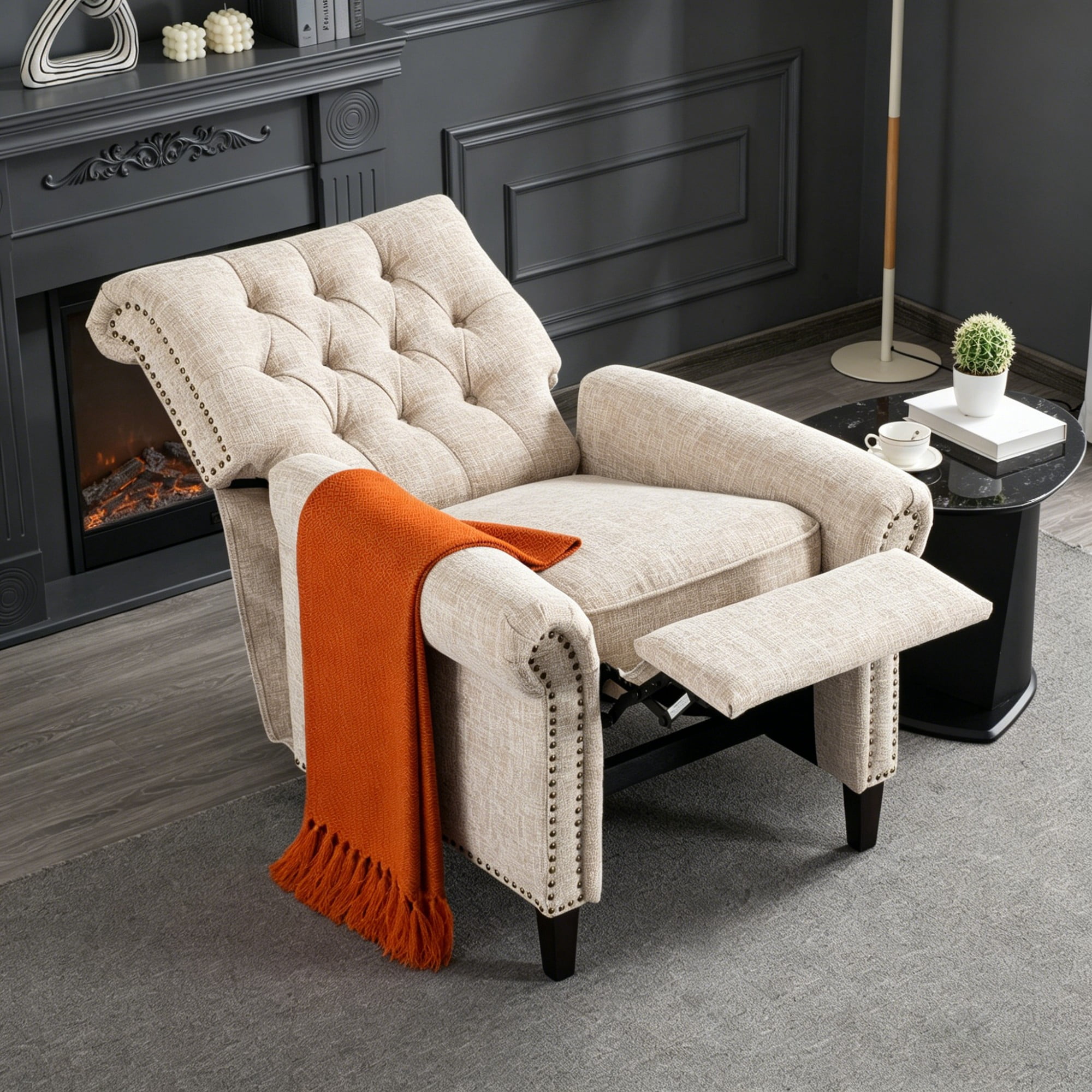 BSHTI Pushback Recliner Chair Linen Upholstered Armchair for Living Room Home Theater, Manual Single Sofa with Nailhead Trim, Rolled Arms, Wood Legs, Adjustable Footrest(Beige)