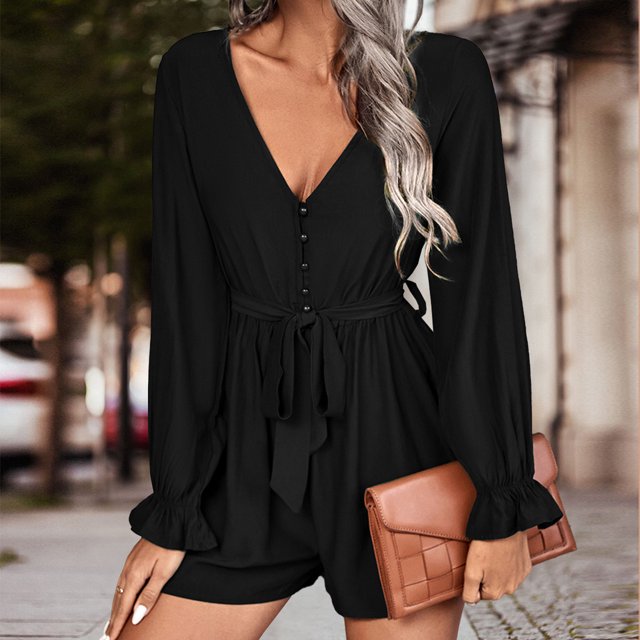 Mono con mangas acampanadas para mujer pantalones cortos plisados informales mono holgado elegante