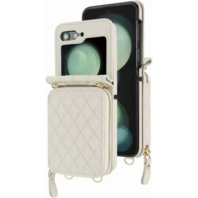HCTian for Samsung Z Flip 3 Crossbody Lanyard Leather Zip Wallet Card Phone Case Wrist Rope Cover