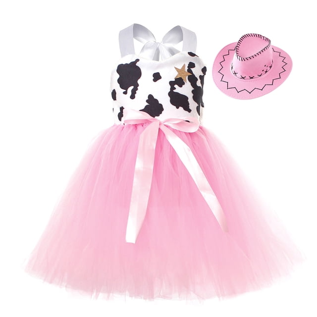 WEAIXIMIUNG Robes pour Ados Décontractées à Manches Courtes Robe Sans Manches pour Tout-Petites Filles à Imprimés de Vache Robe de Fête avec Chapeau Ensemble 2 Pcs