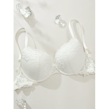 Deyllo Women s Lace Push Up Padded Plunge Add Cups Underwire Lift Up Bra  White 38C