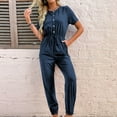 thumbnail image 5 of QUYUON Jogger Jumpsuits for Women Summer Button up Short Sleeve Crew Neck Jumpsuits Rompers with Pockets Tie Elastic Waist Solid Color Casual Loose Long Jumpsuits Playsuit Style J-421, Navy L, 5 of 5