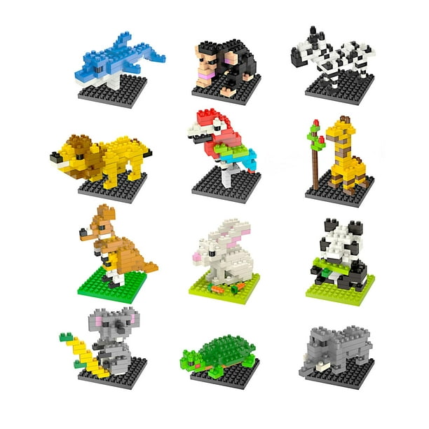 FUN LITTLE TOYS Favor de fiesta para niños, mini animales bloques de construcción conjuntos de bolsas de regalos para niños, premios de juguetes pequeños, paquete de 12 rellenos de calcetín de Navidad