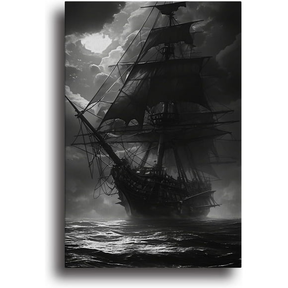 Canvas Wall Art Decor,Sailboat on the sea black and white Room Decor Large Artwork for Wall Wall Art Prints for Office Kitchen Bathroom Decor - 8x12 inch Unframed