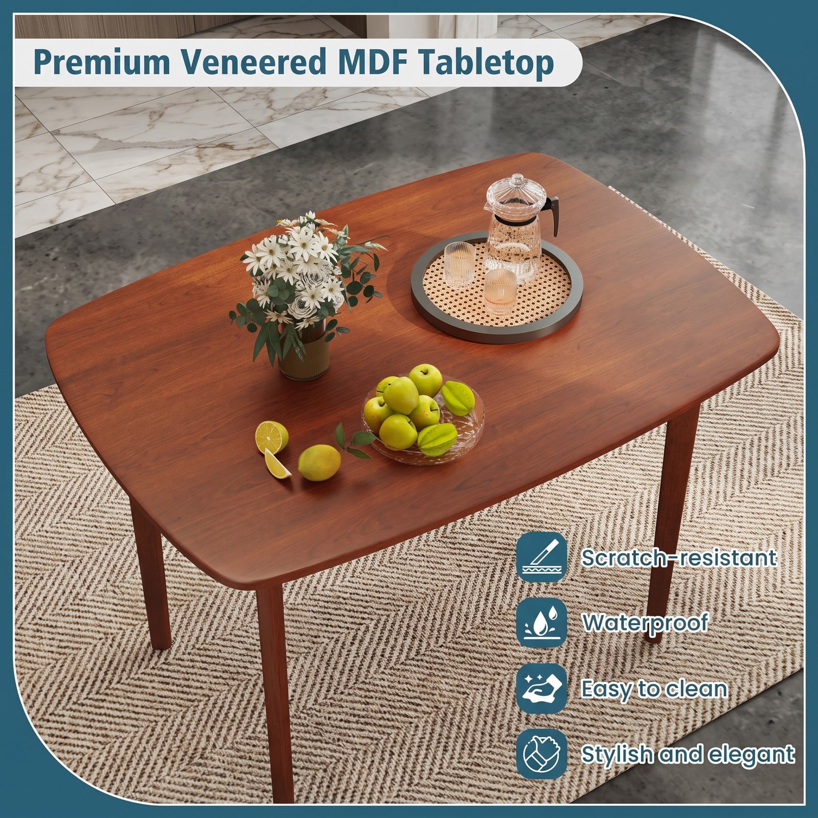 Furnibear Wooden Dining Table for 2-4 People, Rectangular Kitchen Table with Rubber Wood Legs, Space-Saving Dinner Table for Small Apartment, Kitchen, Dining, Walnut