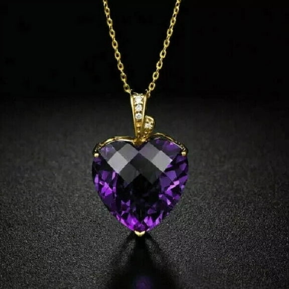 2Ct Heart Cut Lab Created Amethyst & Diamond Women's Solitaire Pendant 14K Yellow Gold Plated Silver