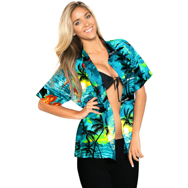 HAPPY BAY Women's Aloha Beach Hawaiian Shirt For Girls Short Sleeves XXL  Teal_X55 