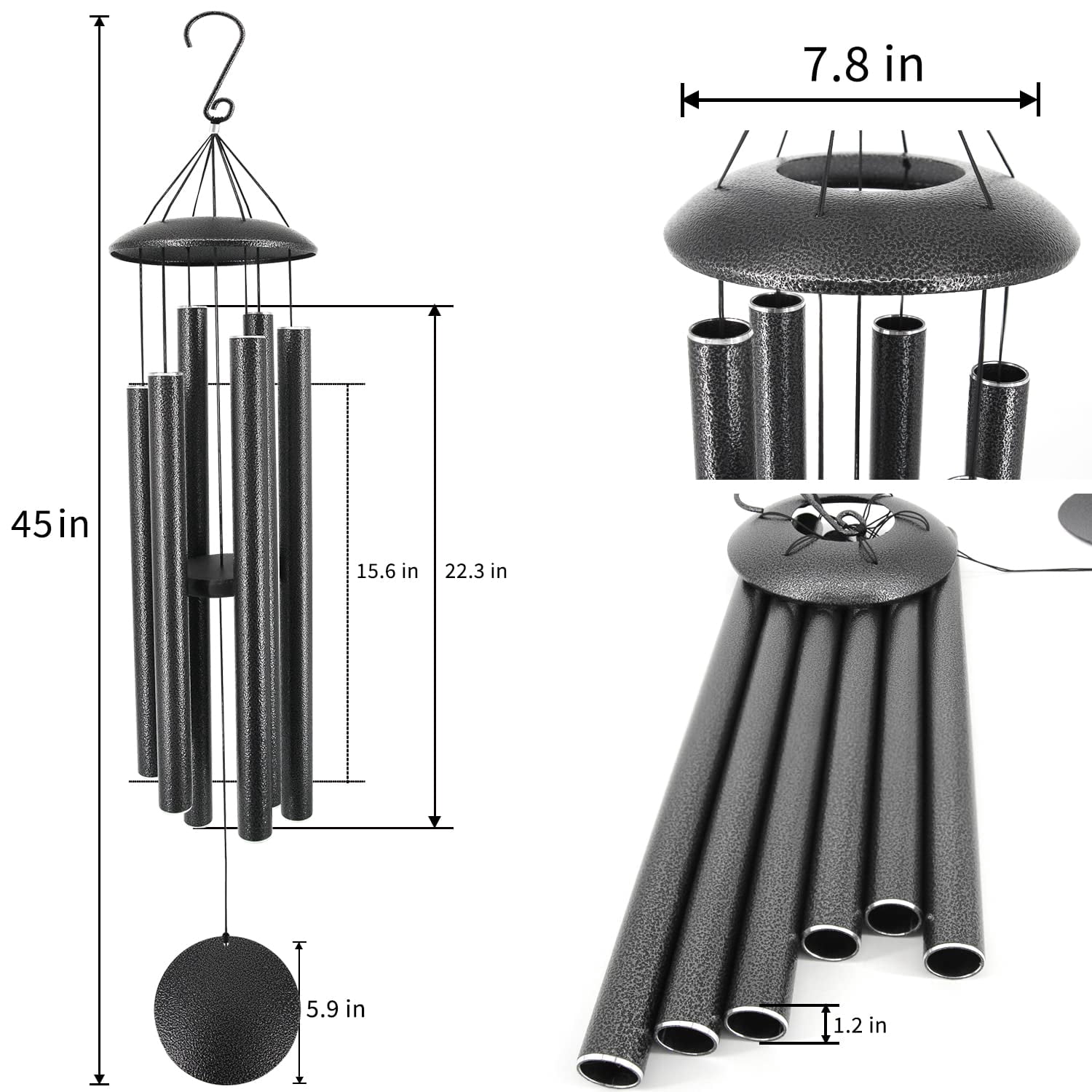 Wind Chimes Outdoor Deep Tone 45-inch Memorial Large With 6 Heavy Tubes Windchimes For Garden Hanging Decor Sympathy Gifts Black Grey