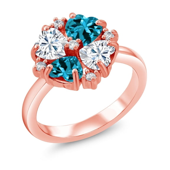 Gem Stone King 18K Rose Gold Plated Silver Moissanite and London Blue Topaz Ring for Women (2.18 Cttw, Heart Shape 5MM, Gemstone Birthstone, Size 9)