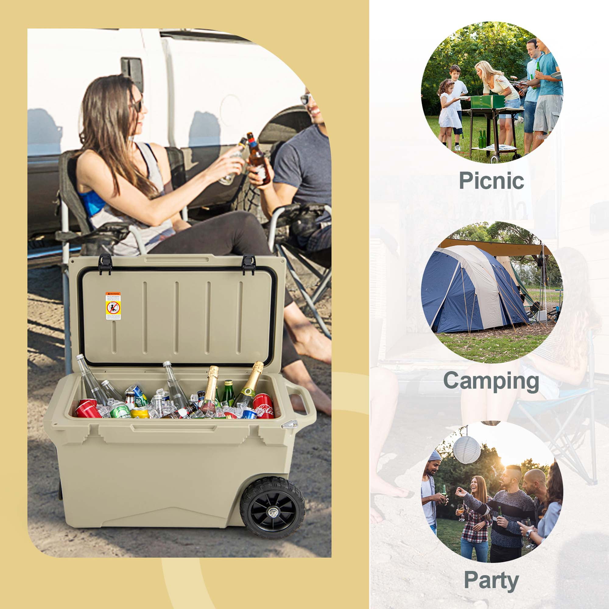 Costway 75 Qt Portable Cooler Roto Molded Ice Chest Insulated 5-7 Days with wheels Handle Tan