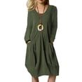 thumbnail image 1 of Vestido de mujer delantero plisado manga larga crewneck color puro casual vestido suelto con bolsillos para primavera otoño verde XXL, 1 of 6