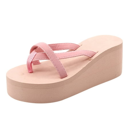 

asdoklhq Womens Shoes Clearance Under $20 Solid Color Beach Flip-Flops High-Heeled Wedge With Thick-Legged Sandals