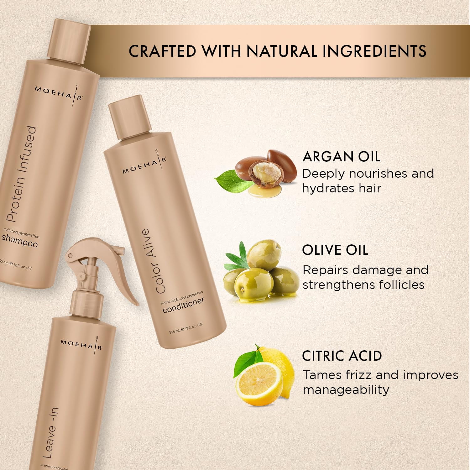 Moehair Protein shampoo (12 Fl), Color alive conditioner (12 Fl) and leave-in conditioner (12 Fl)
