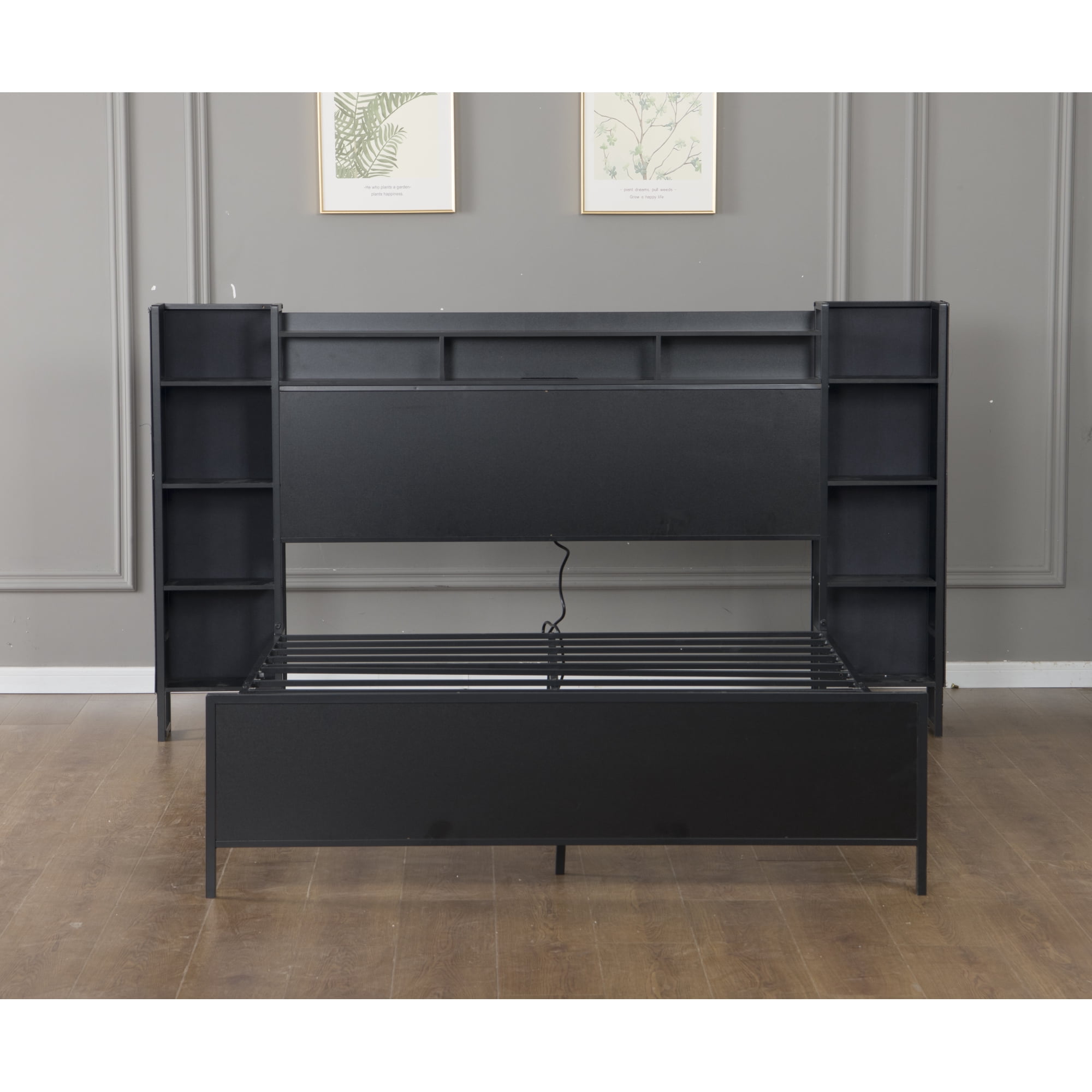 Leumius Twin Size Bed Frame with Storage Headboard and LED Lights,Heavy Duty Metal Platform Bed with USB Charging Station,No Box Spring Needed,Black