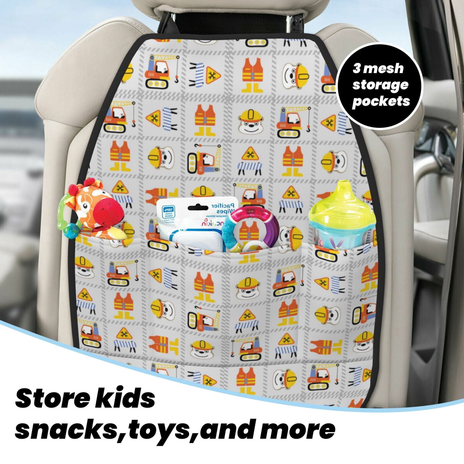Xecao Construction Equipments Worker Pattern Car Seat Back Protector 2 Pack Large Capacity Pocket, Kick Mats Back Seat Protector