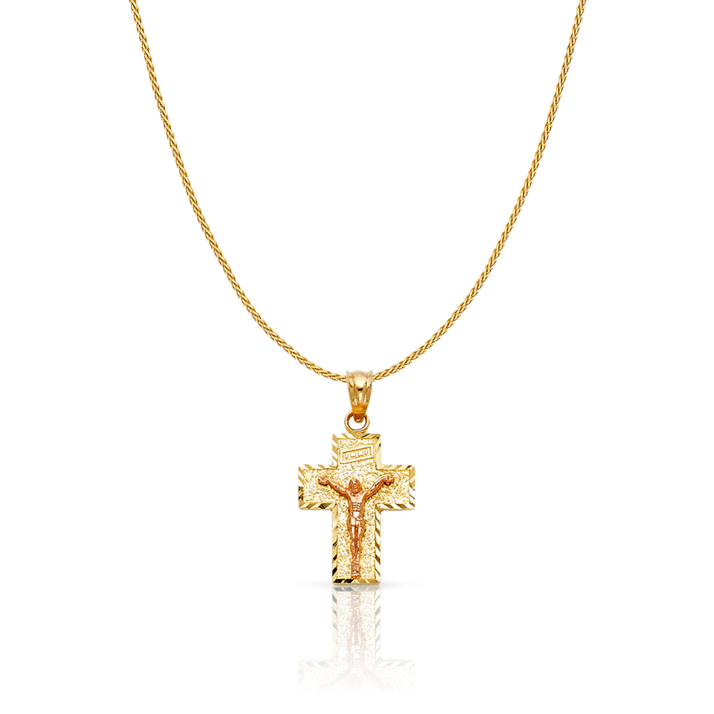 14K Two Tone Gold Jesus Crucifix Cross Charm Pendant with 0.9mm Wheat Chain Necklace