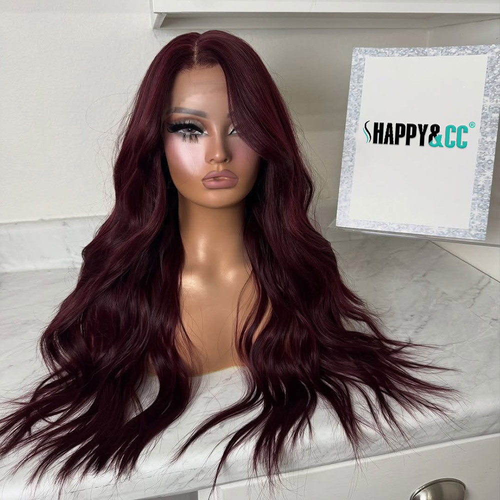 13x4 Lace Front Wig Burgundy Pre Plucked Natural Wave Synthetic Wigs for Women 26inch Beginner Friendly