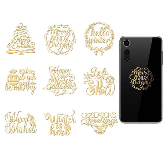 9Pcs Golden Metal Stickers 1.6x1.6 Inch Happy Winter Self-Adhesive Picture Sticker Merry Christmas Scrapbook Edge Metal Stickers Gold Merry DecalDIY