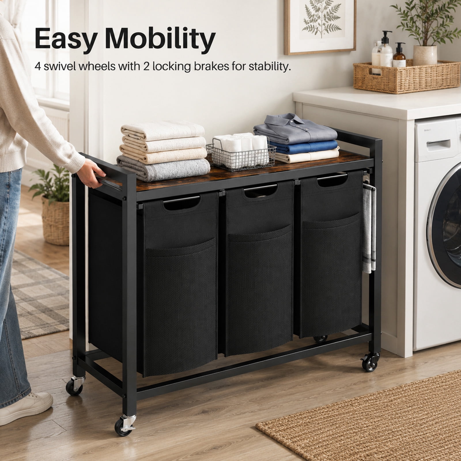 Alvantor Laundry Hamper 2/3 Section, 2 × 11.2 Gal (42.5 L)/3 × 8.6 Gal (32.5 L), Rolling Laundry Basket, Pull-Out and Removable Oxford Fabric Laundry Bags