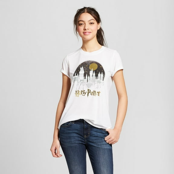 Harry Potter Women's Celestial Hogwarts School Moon Short Sleeve Crew Neck T-Shirt - White - (Large)