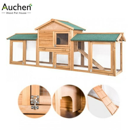 AUCHEN Chicken Coop | Rabbit Hutch, Weatherproof Large Wooden Cat House with Iron Wire Grid and Wooden Ladder for Poultry Guinea Pig (Natural