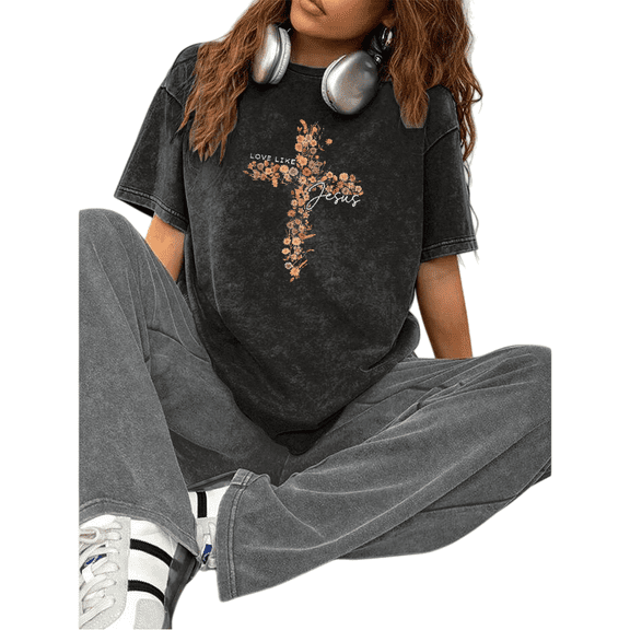 Black Print Tshirt Graphic Tees Cotton Shirts Pastel Floral Cross LOVE LIKE Jesus Christian Motif Women’s Fellowship Gathering Wear S-2XL Plain Tops