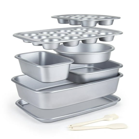 Cartman Nonstick Grey Bakeware Set 9-pieces with Round/Square Cake Pan,Loaf Pan,6/12 Cup Muffin Pan,Cookie Sheet,Roast Pan,Brush and Spatula Set,Carbon Steel Bake Set