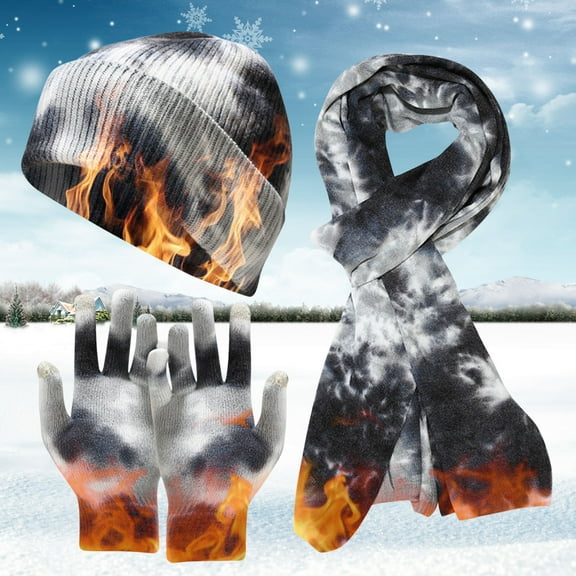 Dyfzdhu Men Women Winter Warm Knitted Adult Windproof Hat Cycling Skiing Tie-Dye Printed Knit Scarf Gloves Sets Black