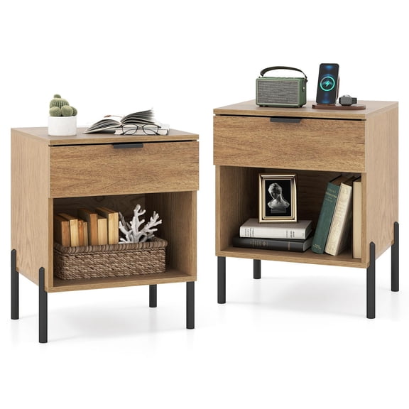 Giantex Nightstand Set of 2, Wood Bedside Table w/Charging Station & Drawer Compartment