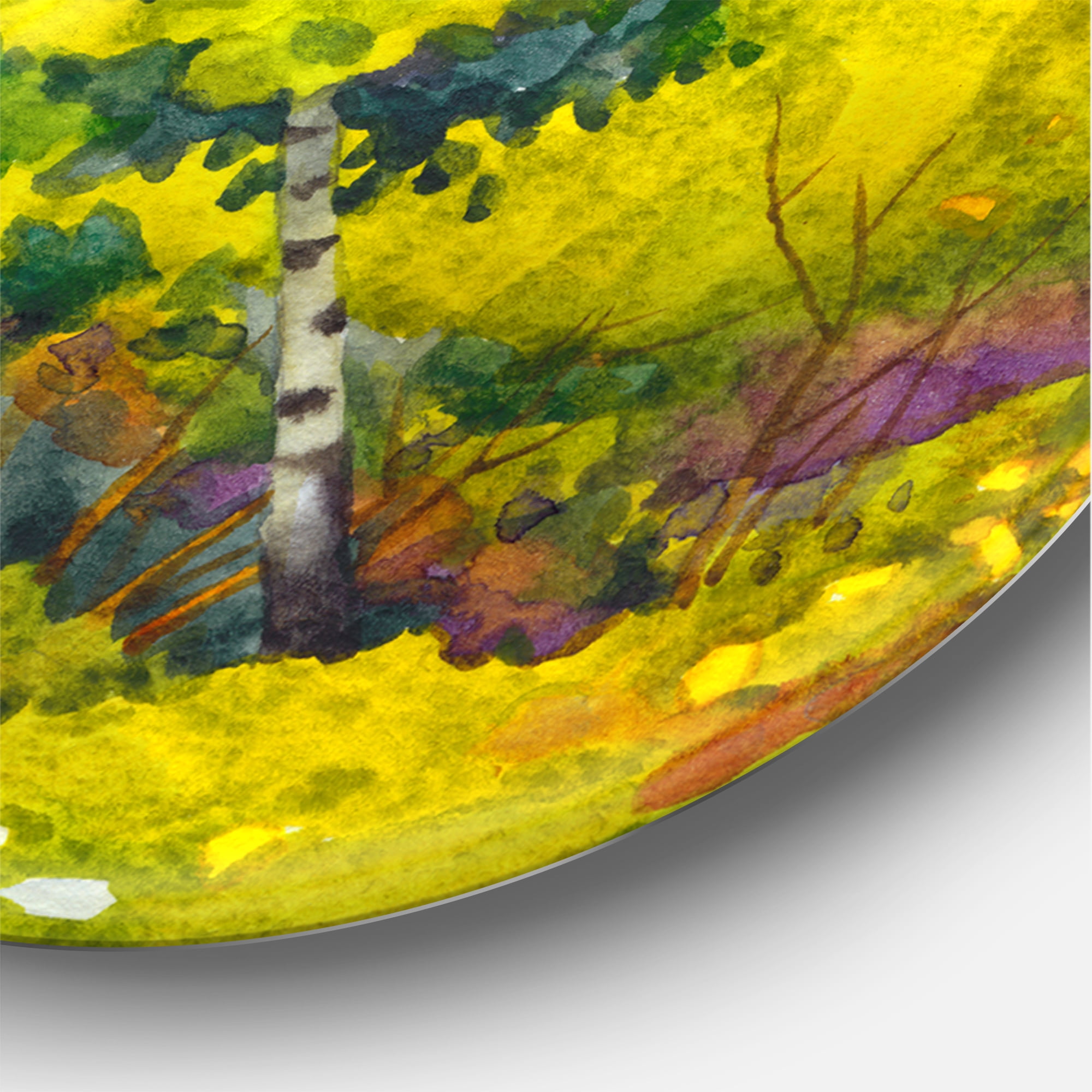 Designart 'Colorful Young Orange Betulas Along Bank Of Calm Bay' Lake House Circle Metal Wall Art 23x23 - Disc of 23