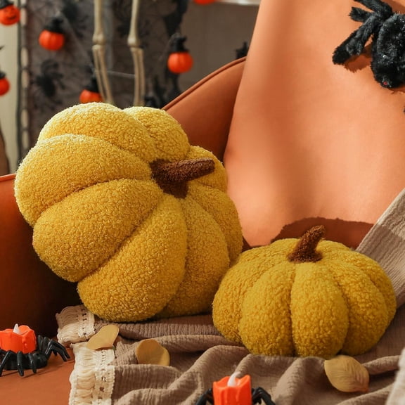 SUSIELADY 2-Pack Pumpkin Throw Pillows, Soft Teddy Fleece Decorative Accent Cushions for Couch Sofa Bed, Cute Plush Home Decor (Small & Medium, Yellow)
