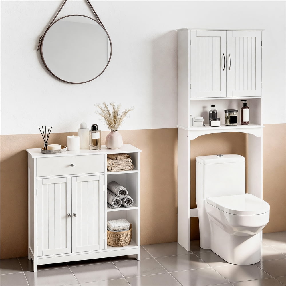 Yaheetech Large Floor Cabinet Storage Organizer with Drawer & Adjustable Shelves, White