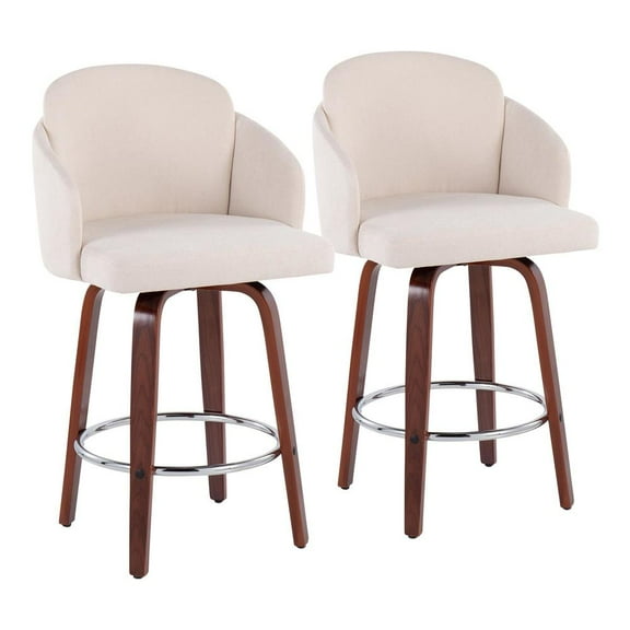 LumiSource Walnut Wood, Cream Fabric, Chrome Dahlia Counter Stool - Set of 2