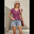 thumbnail image 4 of Blusas de Mujer de Corta de Verano, Informales, con Cuello en V, Blusas Lisas, Túnicas Plisadas Vino Tinto L, 4 of 9