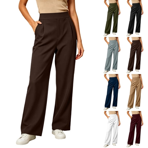 Admvng Women's Elastic Waist Pants Light Fleece Lined Casual Straight Office Daily Trousers