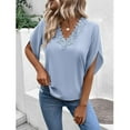 thumbnail image 6 of Work Office Blouses for Women Lace Crochet V Neck Elegant Tshirts Solid Bell Sleeve Basic Tops Casual Summer Tunics, 6 of 7