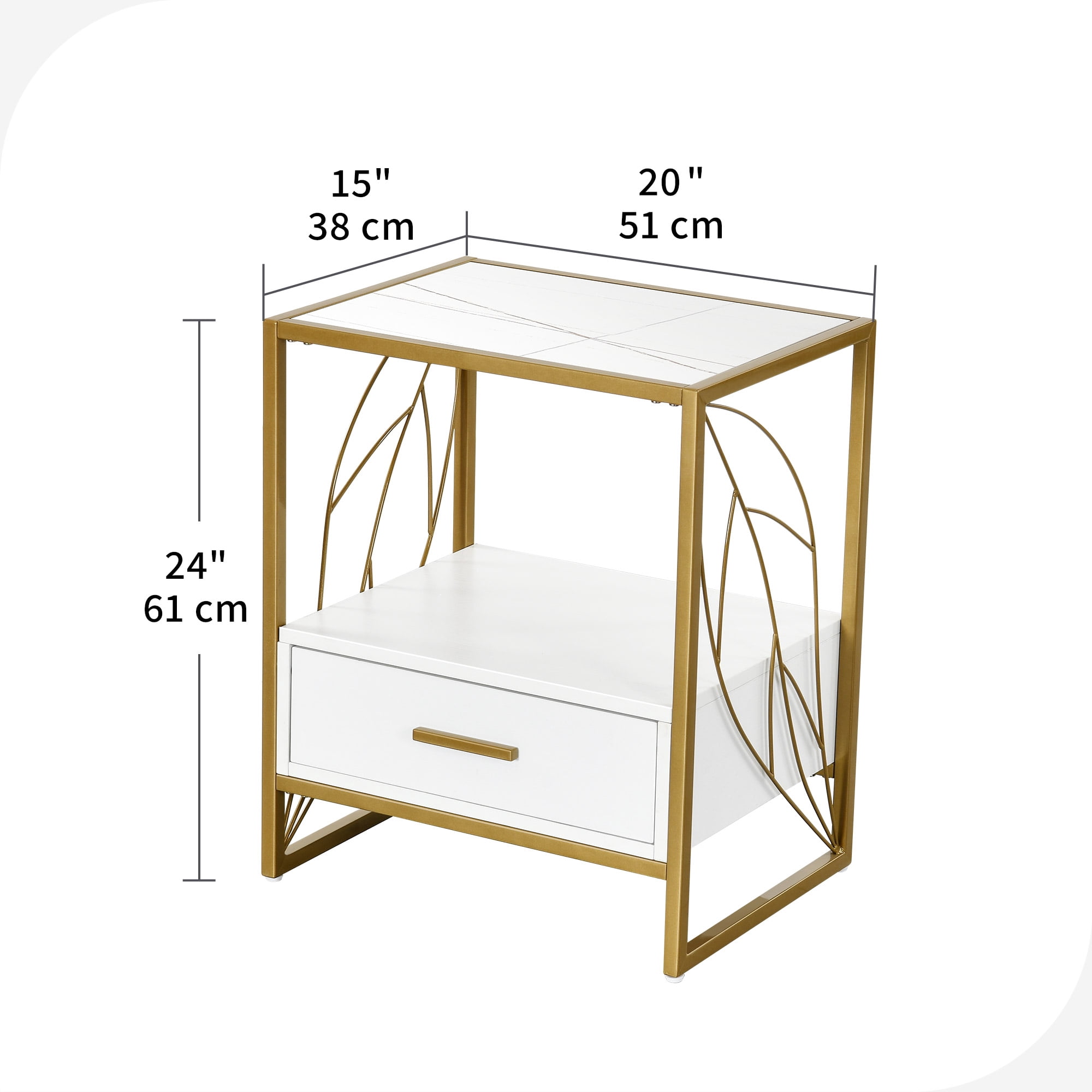 Dextrus End Table with Drawer and Storage Shelf, Modern Nightstand Table Sofa Side Table with Sintered Stone Tabletop and Metal Leaf Shaped Frame for Living Room, Bedroom, White and Gold